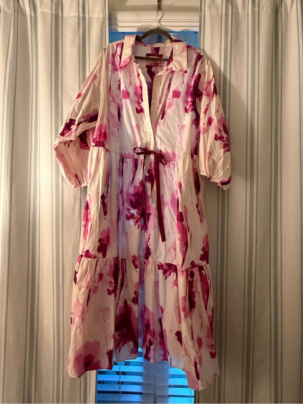 Anthropologie Cream Midi Dress with Pink Floral Wash